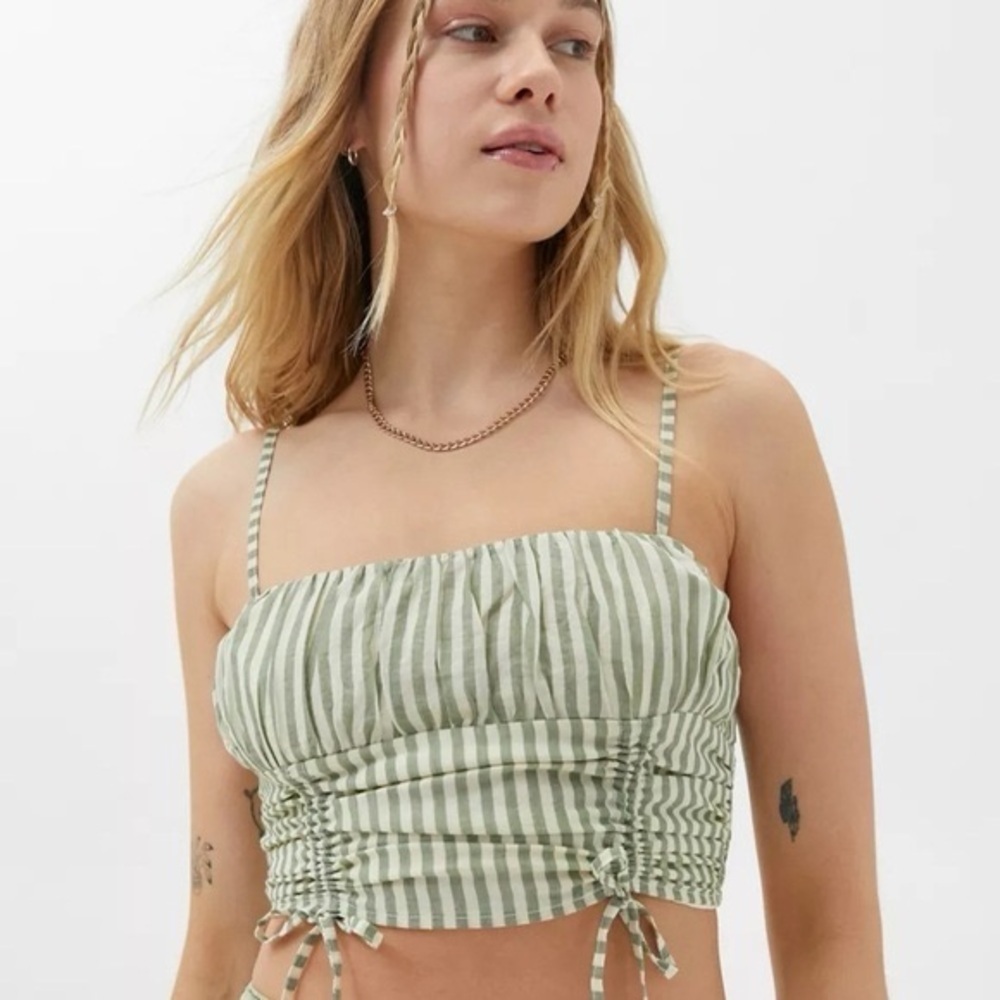 Urban Outfitters Deja Cinched Cami Striped Crop Top Green & White